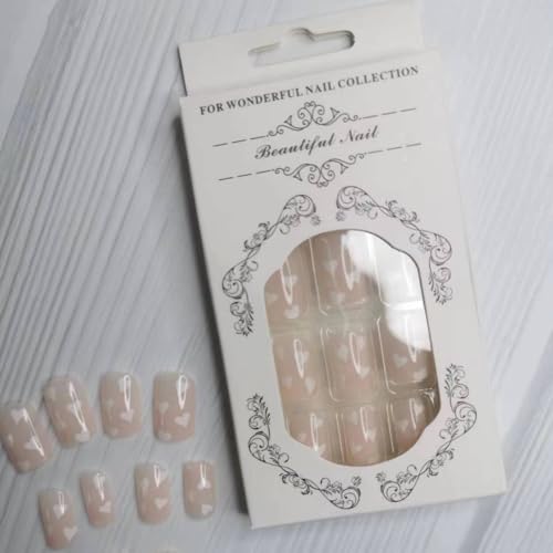 Valentine's Day Press On Nails Short Square Nude Fake Nails Heart Art