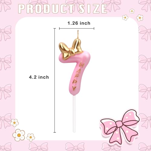Glitter Number 7 Birthday Candle with Pink & Golden Bowknot