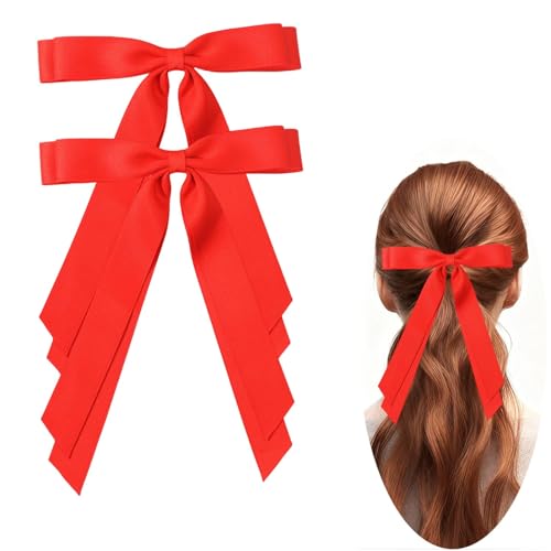 Dladhict Red Satin Hair Bow Clips with Long Ribbons for Women & Girls