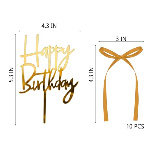 Gold Cake Topper Set with Acrylic Happy Birthday Sign and 10 Satin Ribbon Bows for Party Decorations