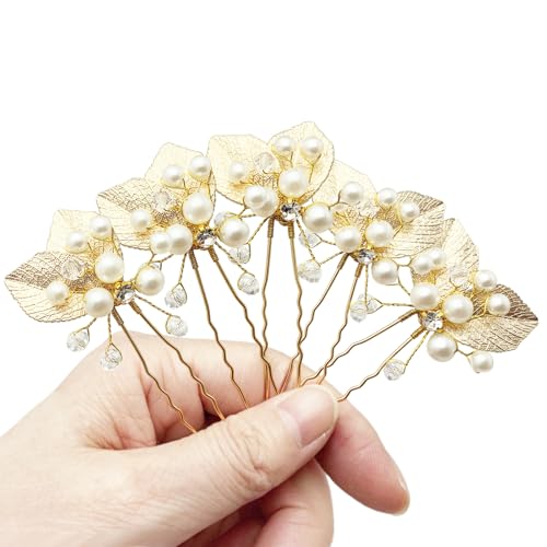 BETITETO Gold Pearl Wedding Hair Pins 5pcs - Crystal Leaf Bridal Hair Pieces
