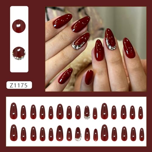 OSTTMA Dark Wine Red Press on Nails Medium Almond Rhinestone False Nails