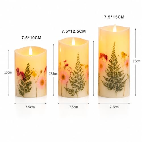 Flameless Christmas Candles Set of 3 with Pine Botanical Design & Remote Timer