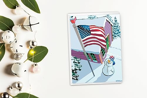 Patriotic Snowman and Flag Christmas Cards Set - 18 Cards, 19 Envelopes - Standard
