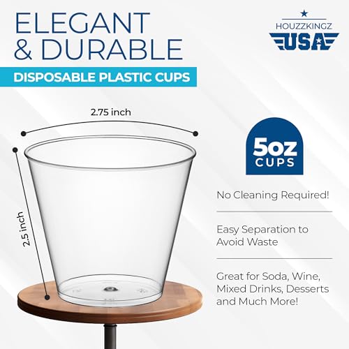 HOUZZKINGZ 5 oz Clear Plastic Cups - Disposable Water & Cocktail Glasses
