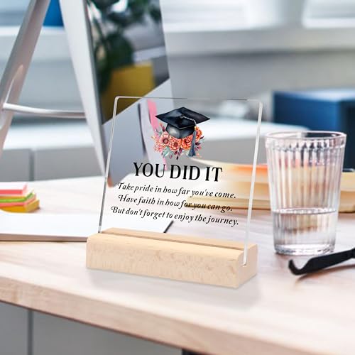 Clear Acrylic Graduation Desk Sign with Wooden Stand Inspirational Gift