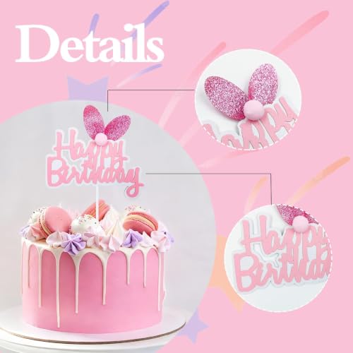 Happy Birthday Cake Topper with Bunny Ears - Pink Glitter Decoration
