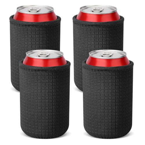 Black Neoprene Can Sleeves - 12oz Beer Bottle Drink Holders (4 Pack)