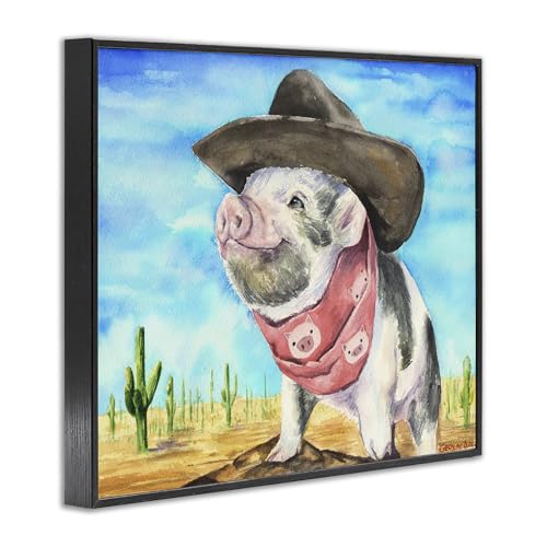 Stupell Industries Funny Wild West Fashion Baby Pig Blue Watercolor Painting Black Framed Wall Art, 11x14, Multicolor