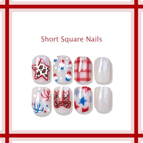 Independence Day Short Square Press on Nails with Bow and Star Designs