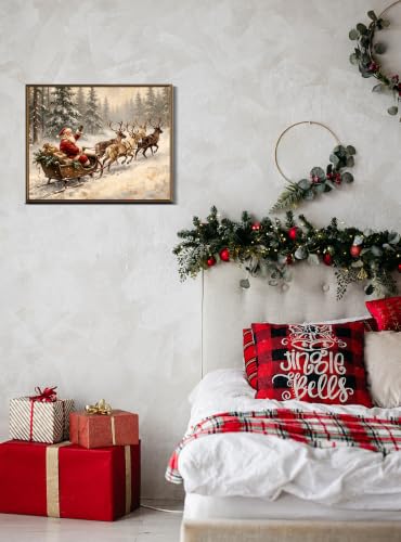 Unframed Vintage Santa Sleigh Wall Art Canvas Print - Christmas Reindeer Scene 14x11 Inches