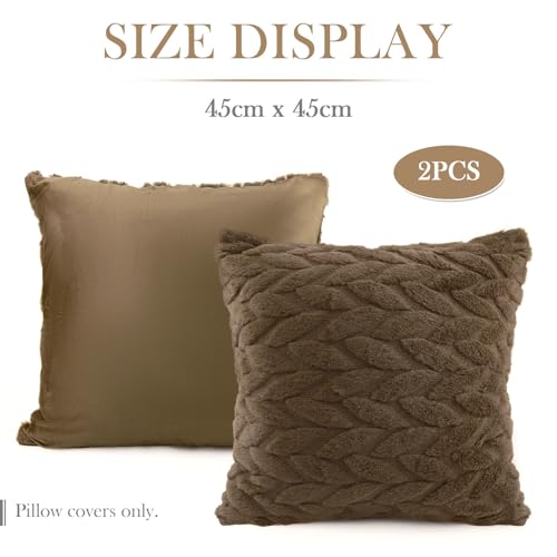 Brown Faux Fur Throw Pillow Covers 18x18 Inch, Set of 2 Embroidered Leaf