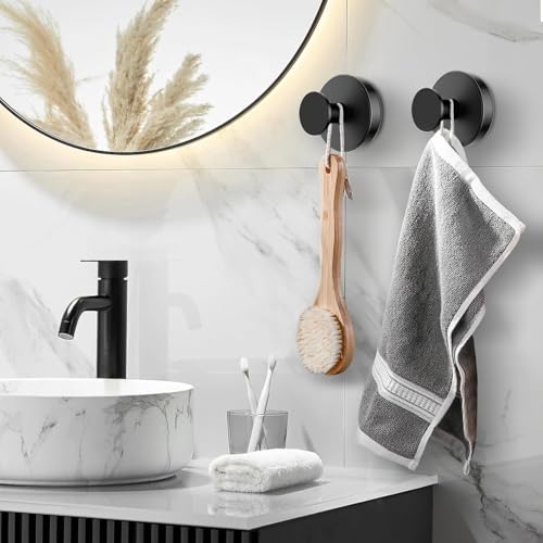 No Drill Black Suction Cup Hooks - 2 Pieces for Bathroom & Home