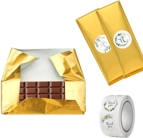 100 Pack Gold Foil Candy Bar Wrappers with Stickers, 6"x7.5"