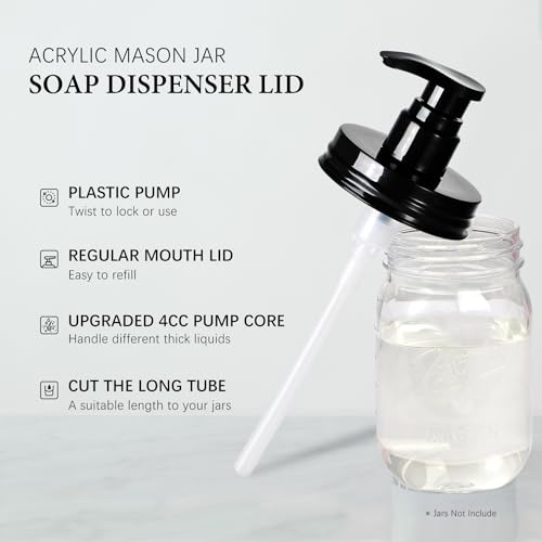 Amolliar Mason Jar Soap Dispenser Pump Lids - 2 Pack, Black, Regular Mouth