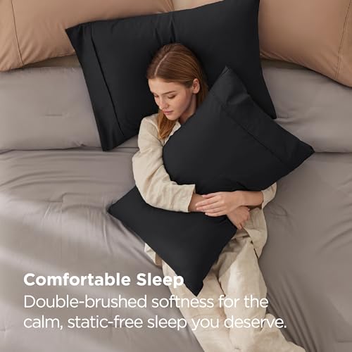 Queen Size Black Pillowcase Set of 2 - Microfiber Wrinkle & Stain Resistant Bed Pillow Covers