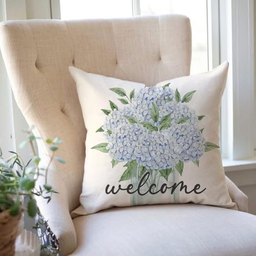 PANDICORN Blue Hydrangea Throw Pillow Covers Set of 4 - 16x16 Inch Spring Decor