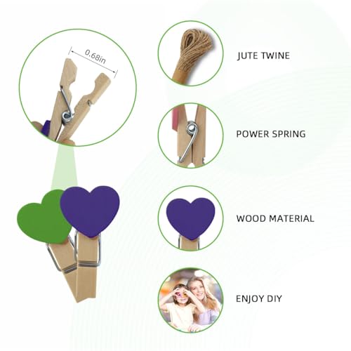 80 Mini Heart Clothespins with Jute Twine - Colorful Wooden Clips for Crafts