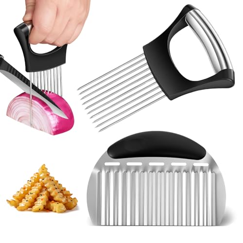 Stainless Steel Onion Holder Slicer & Crinkle Cutter for Kitchen