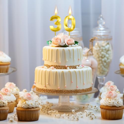 Gold Number 30 Birthday Candles - Elegant Cake Topper Set