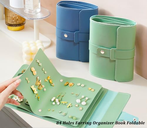QBestry Travel Earring Organizer Book - 42 Pairs Waterproof PU Leather, Tangle-Free Storage, Compact Design for Women & Girls - Green