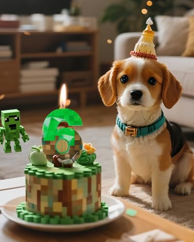 Pixel Number 6 Birthday Candle, Green Miner Theme Cake Topper (2.68 Inch)