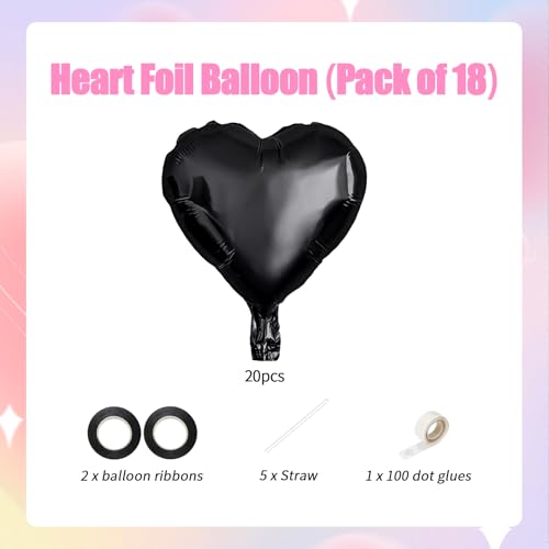 18-Inch Black Heart Foil Balloons - 20pcs Mylar Party Decor