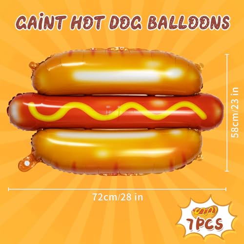 Large 28 Inch Hot Dog Balloons - 7 Pack Food Party Decorations, Thick Foil Material