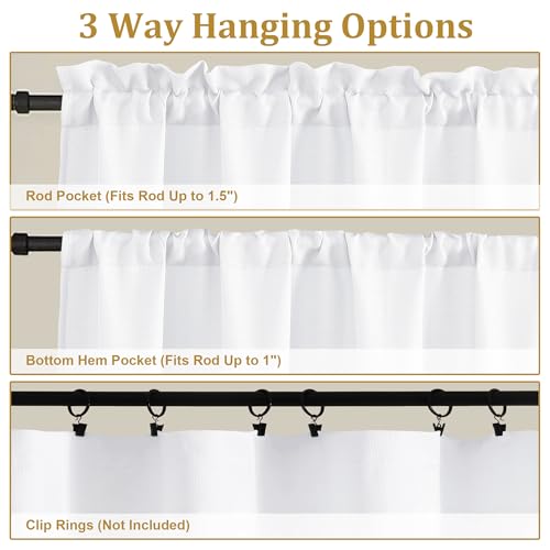 Lecloud White Valance Curtain 60" W x 16" L - Light Filtering Drapes