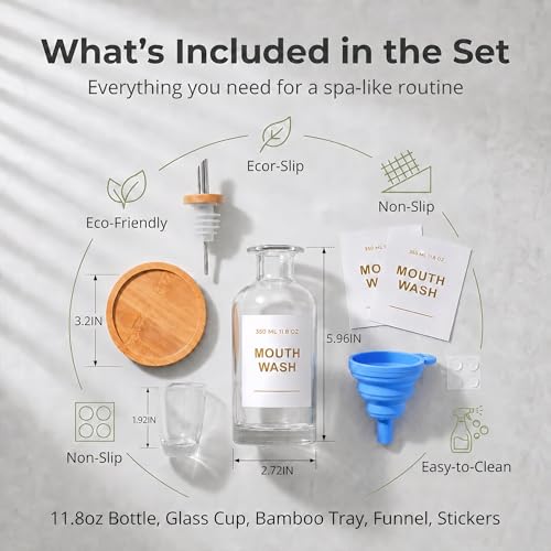 Glass Mouthwash Dispenser Set with Bamboo Tray & Cup - 11.8 oz