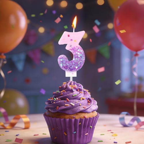 Glitter Pink & Purple Number 3 Birthday Candle Topper