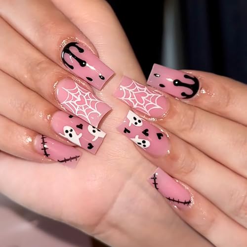 Sutaozhi 24Pcs Pink Halloween Ghost Press On Nails Medium Square False Nails