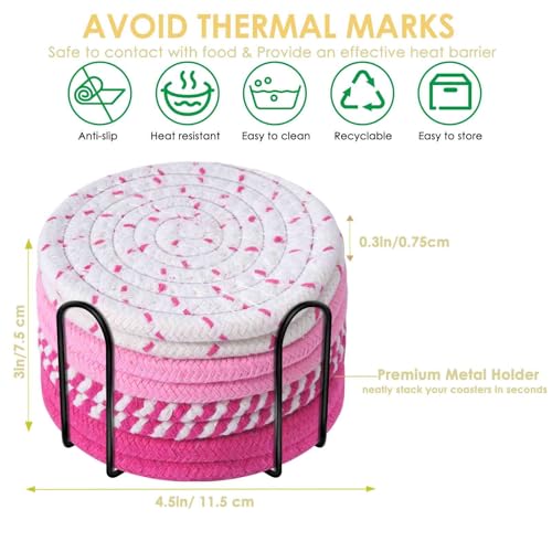 BRILLIRARE 8-Pack Woven Cotton Drink Coasters with Metal Holder - Pink