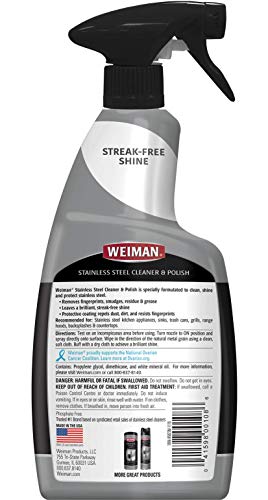 Weiman Stainless Steel Cleaner and Polish - Streak-Free Shine for Refrigerators, Dishwasher, Sinks, Range Hoods and BBQ grills, 22 Fl Oz