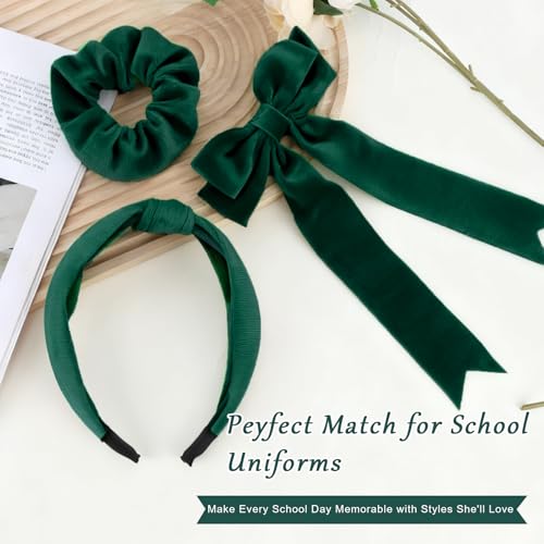 FASOTY Dark Green Velvet Hair Accessories Set for Girls, 3-Piece Bow, Headband and Hair Tie
