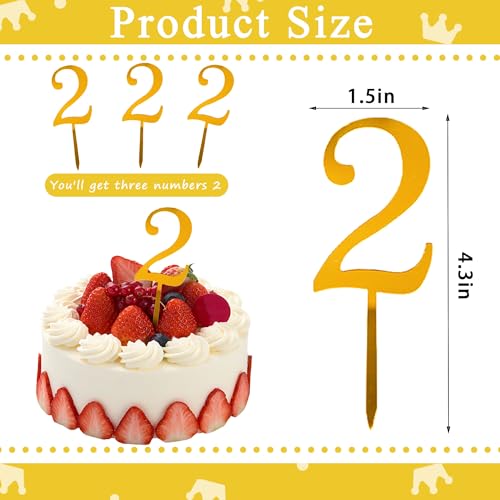 Gold Acrylic Number 2 Cake Topper - 3 Pack Birthday & Anniversary Decor