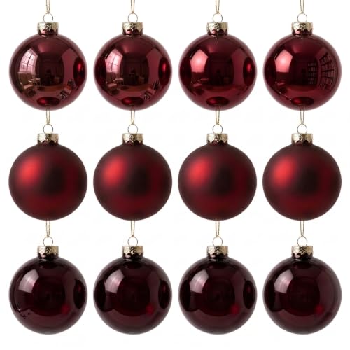 Burgundy Glass Christmas Ornaments Set of 12 - 2.36 Inch Holiday Decor with Matte, Shiny & Clear Finishes
