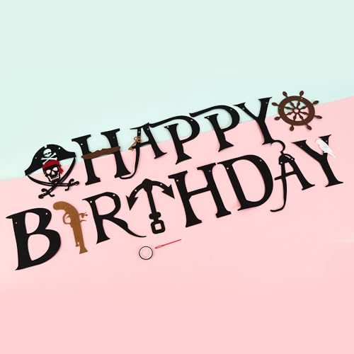 Black Felt Pirate Happy Birthday Banner - Reusable Party Bunting Decor