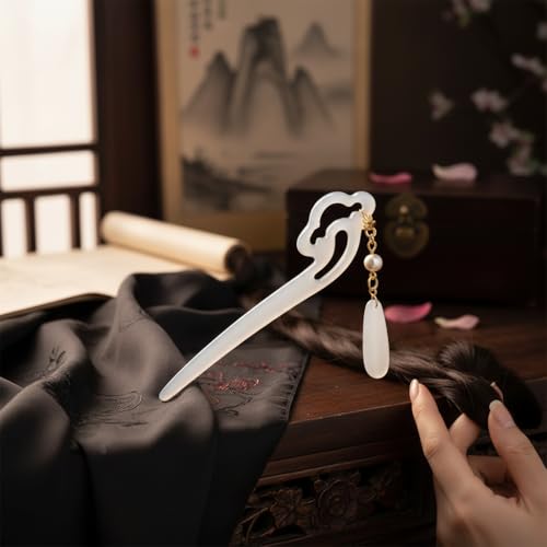 Chinese Acetate Jade Hair Stick with Tassel Flower Pendant