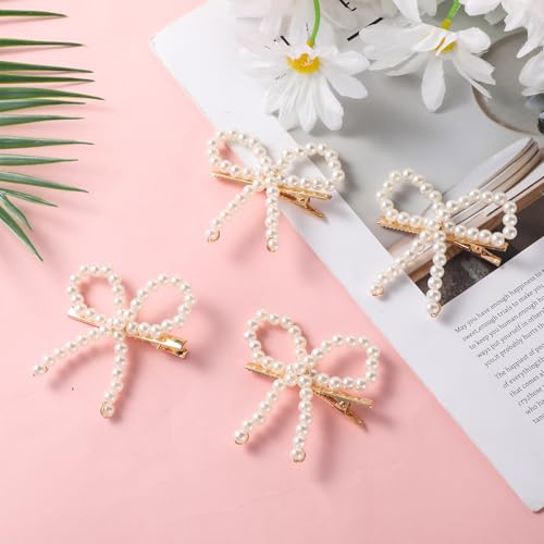 Pearl Hair Clips - 4 Pcs Elegant Bow Hair Accessories Non-Slip Duckbill