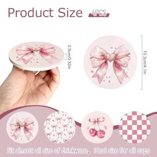 Pink Ceramic Coasters Set of 4 with Bow & Cherry, Absorbent Cork Backing, Home & Kitchen Decor