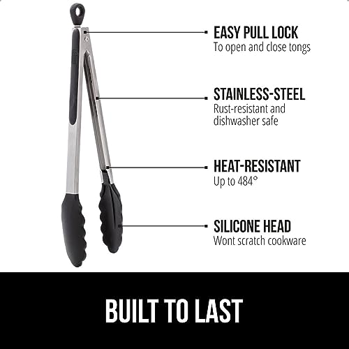 Gorilla Grip Stainless Steel Kitchen Tongs, 9" & 12" Set, Black Silicone Tips