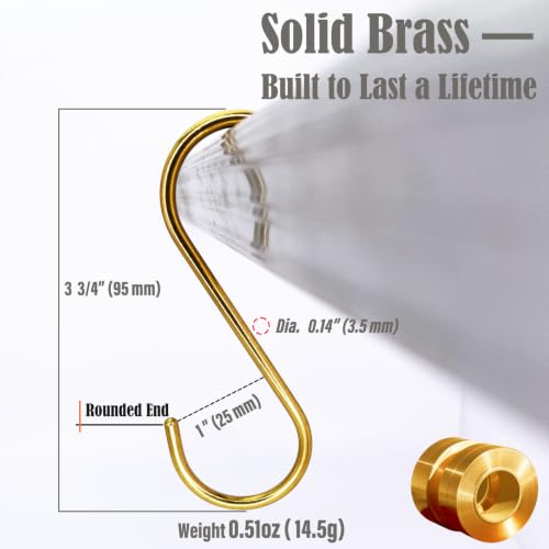 DaylyFav 4 Pack Solid Copper Brass S Hooks for Hanging - Gold Finish, Heavy-Duty, Rust-Proof, Multi-Use