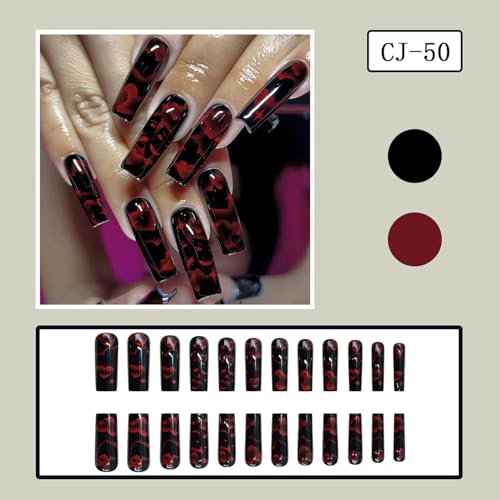 Valentine's Press on Nails Long Square Red Heart Fake Nails Glossy Black