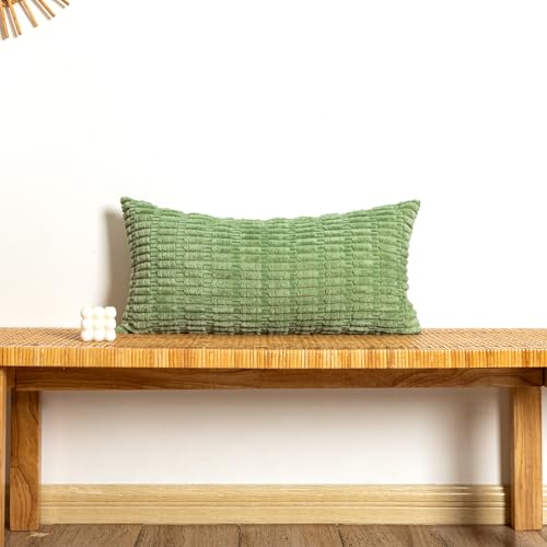 JoraLion Corduroy Lumbar Pillow Cover 12x24 Inch - Light Green Soft Cushion