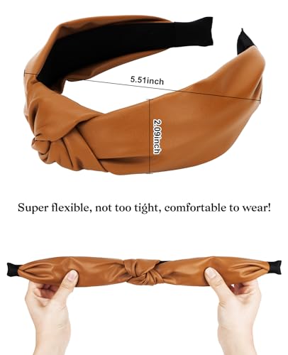 Wecoe 2 Pack Knotted PU Leather Headbands for Women Wide Non-Slip Hair Bands
