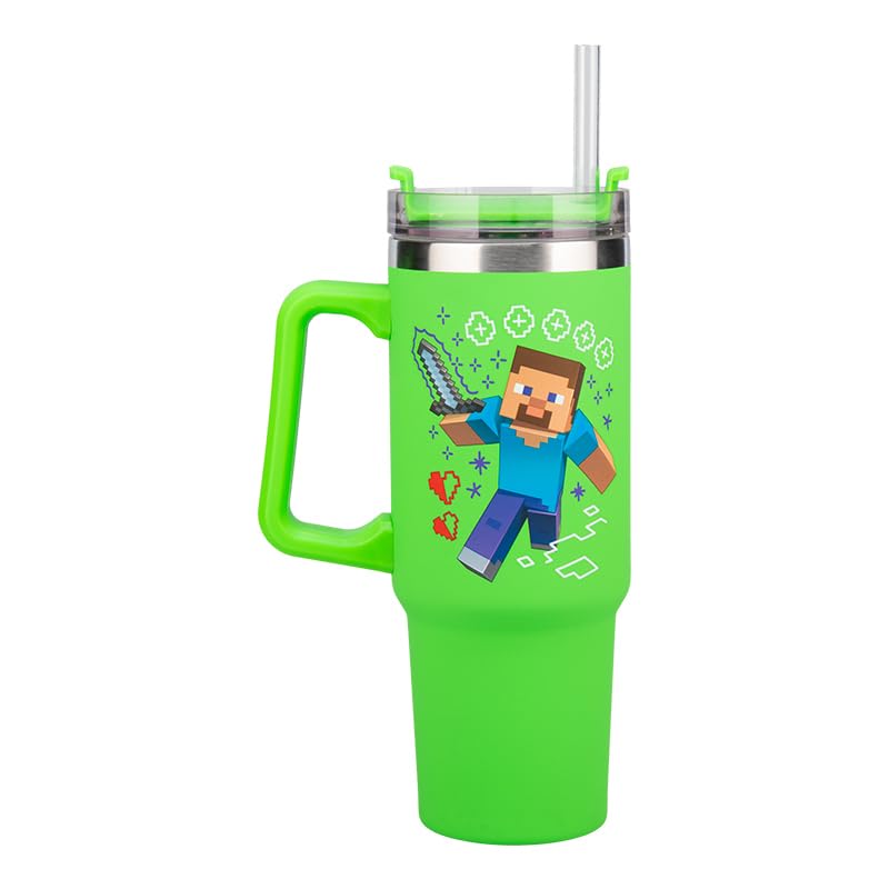 Paladone Minecraft Steve & Creeper 30 oz Green Insulated Cup and Straw, Officially Licensed Tumbler Travel Cup with Handle for Iced Tea or Coffee, Gaming Merchandise