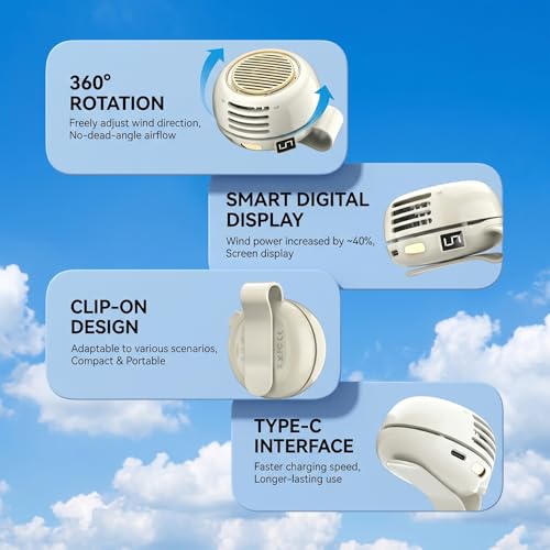 SYBOYEGE Portable Clip-On Fan, Rechargeable 5-Speed Desk Fan with Digital Display (White)