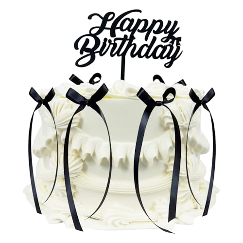 Elegant Black Ribbon Cake Toppers - 6 Pcs Happy Birthday Set