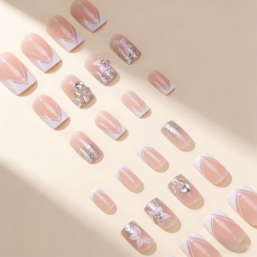 French Tip Press on Nails Short Square White Flower Star Glitter